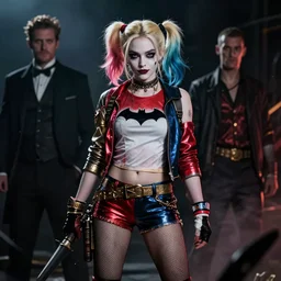 a Photorealistic dramatic fantasy render of a beautiful cara delevingne as harley quinn, stand far, around 10 metres , blonde pony tail, holding bat, Artgerm,Greg Rutkowski,Alphonse Mucha, Beautiful dynamic dramatic dark moody lighting,shadows,cinematic atmosphere,Artstation,concept design art,Octane render,8K