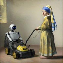 johannes vermeer painting of a robot lawn mower looking like batman