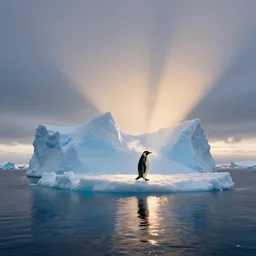 photo of the most beautiful panoramic landscape, where a giant iceberg is lost in middle of the artic ocean, a giant penguin is exhaling steam while walking over the iceberg, there is nothing else, the artic ocean is reflecting the giant penguin over the iceberg and the ray lights of the sunset are brightening him, award winning photo, minimal style, by frans lanting