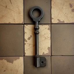 old rusty key on the old checked kuchen floor, top view