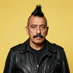 front medium portrait of a middle - aged mexican man with a mohawk haircut, moustache, wearing a leather jacket, yellow background, rembrandt lighting, by magritte, kehinde wiley, kadir nelson, norman rockwell