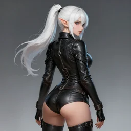 backveiw picture of elf rogue, female, white skin, ponytails, sexy, skintight leather clothes, curves, short coat, face details, extremely detailed, smooth, sharp focus, digital illustration, by artgerm, rossdraws, sakimichan