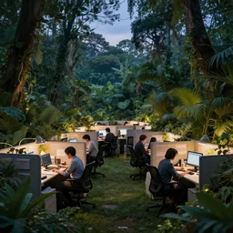 a jungle filled with cubicle office workers, twilight,