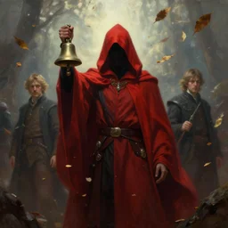 ''cinematic shot'' red hooded mage ( spectre ) with leaves falling simetrical 8 k atmosferic realistic, holding a bell, made by ivan aivazovsky, peter mohrbacher, greg rutkowski volumetric light effect broad light oil painting painting fantasy art style sci - fi art style realism premium prints available artwork unreal engine