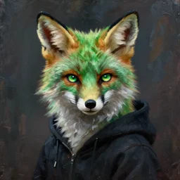 oil painting portrait of anthropomorphic female green fox animal, dressed in dark black hoodie. fox animal, glowing eyes, oil painting,