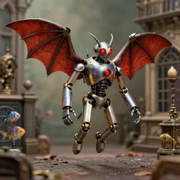 full - length portrait of a tin toy flying mothman demon robot with glowing red eyes and bat wings, nicoletta ceccoli, mark ryden, lostfish, max fleischer, depth of field, detailed and intricate old london environment, 8 k resolution, hyperrealistic, octane render