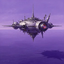 a purpleish ocean with flying hightech laboratory above it, retfo sci - fi, stanislav lem silaris, detailed, in the style of greg rutkowski