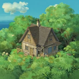 little house in the middle of the sea, anime style, aerial view, art by studio ghibli