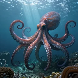 underwater enviroment with a giant octopus boss creature with tentacles , unreal 5, hyperrealistic, realistic, photorealistic, dynamic lighting, highly detailed, cinematic landscape, studio landscape, studio lighting
