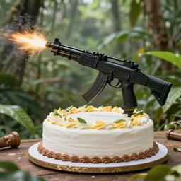 Black machine gun shooting cake, in the jungle, 8K