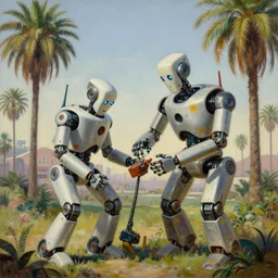 natural american landscape | robot repairing another robot | palm trees, painting by syd mead and weta studio and james jean, frank frazetta, highly detailed, rule of third, soft lighting, 8 k resolution, oil on canvas, architectural magazine, beautiful detailed, insanely intricate details, artstation trending, hypermaximalistic, high details, cinematic
