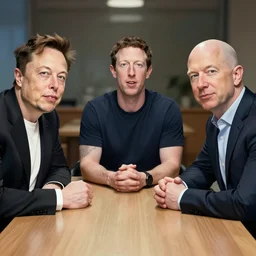 portrait of elon musk, mark zuckerberg, jeff bezos, in meeting together, same table, very detailed, art contest winner on behance, trendy on deviant art, by by artgem, greg rutkowski, makoto shinkai