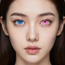 portrait of an attractive woman, one blue iris and one pink iris, different eye colors | symmetrical face, exif, hyperrealism, digital | trending on artstation, featured on arstation, cgsociety | by wlop & artgerm