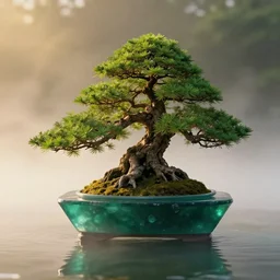 photo bonsai cedar on a small angular precious emerald in the water, gold hour, soft lighting, light fog, medium full shot, volumetric lighting, beautiful, ultra detailed, cgsociety by leesha hannigan, thierry doizon, 3 5 mm, fujifilm, cinematic, realistic