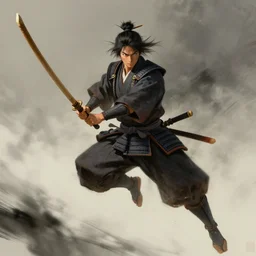 fantasy portrait of a flying japanese warrior with wooden shinai, art by kano