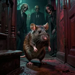 cinematic colorful horror artwork by artgerm, beksinski, mark brooks, stephen king ; real life full portrait of ugly furry mouse near edge of top stairs in hallway, footfall ; dark ominous scary, 8 k hdr, creepy intricate ; volumetric dramatic lighting, insanely detailed, haunting