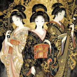 asian geisha watercolor painting by yoshitaka amano, daniel merriam, ayami kojima, peter mohrbacher, intricate detail, artstation, artgerm, in the style of darkness - fantasy, rococo, gold leaf art