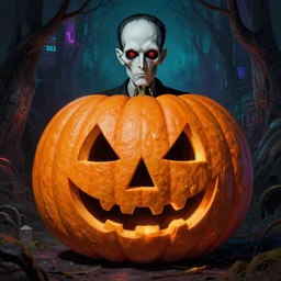 a living jack - o'- lantern, hr giger, lovecraft, fauvism, cyberpunk, junji ito, bernie wrightson, masterpiece, stunning, horror, 8 k, highly detailed, symmetrical, unreal engine