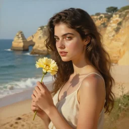 beautiful oil matte portrait painting, girl holding a flower at a portuguese beach side cliff, wonderful masterpiece highly detailed, beautiful cinematic light deep focus, elegant, digital painting, smooth, sharp focus, golden ratio, dramatic illumination, ultra realistic, 8 k, art by jimmy law