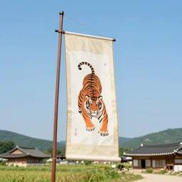 flagpole, hanging silk scroll, tiger, protoss, magpie, korean countryside