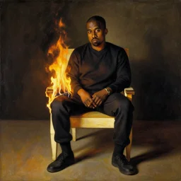 a vanitas painting of kanye west sitting in a chair lit on fire by audrey flack