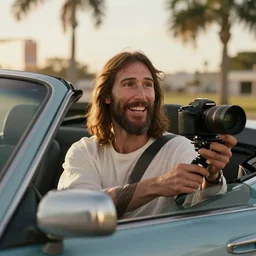 jesus christ joyriding in florida in a convertable, dslr, award winning, 8 k, octane beautifully detailed render, warm mood, cinematic lighting, detailed photo, masterpiece, volumetric lighting, ultra realistic, highly detailed, high quality, lossless, photorealistic