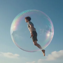 human inside a soap bubble, sky, floating, cinematic light, artstation