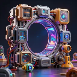 ultra detailed photorealistic the c 4 d render cosmic portal with mechanical blind boxes, cinematic light, sci fi toy, glossy, cybernetic machines, colorful, wires, robotics, futuristic decor, trending on artstation, global illumination, ultra realistic illustration, matte painting, high detailed, unreal engine, octane render