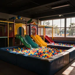 “photo taken from a play area ball pit in a Family Fun Center after closing. Liminal lighting off in the distance.”