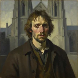 fearful visage, portrait, peasant, cathedral, dystopian, pj crook, edward hopper, oil on canvas