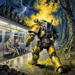 runs away from men on the subway and forest, composition gothic and futuristic, warhammer, cyber armor, a lot of scars, yellow and blue, fire storm on clouds, thunderstorm, the middle ages, highly detailed, moebius, jugendstil and classic japanese print, art rene magritte and adolf hiremy - hirschl