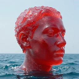 a giant human head sculpture in the sea made out of juicy and half transparent red jelly, in the style of chad knight, long shot, hyper detailed, hyper realistic, ray tracing, 8 k resolution, sharp focus, realistic water, award winning