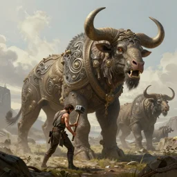 intricate concept art, illustration, fantasy, man hammering, low - angle shot, large biomes, megafauna, by wlop, hyper realistic, ultra detail, digital painting, artstation, octane render, 8 k, cgsociety