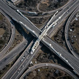 aerial view of highway interchanges with the texture of white bones and human skulls