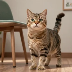 a highly detailed photographic render of a cat stood next to a chair, beautifully lit, ray traced, octane 3D render, octane render, unreal engine