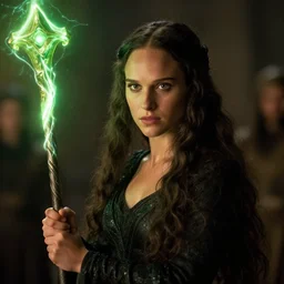 epic photo of young natalie portman as beautiful medieval sorceress with very long black hair, battle scene, holding her wizard staff electricity emanating from it, sweaty, neutral expression, perfect likeness, rim light glow, low contrast, soft light, low light, green hue, shallow depth of field, photorealistic, cinematic lighting, lovely bokeh, warm colours, night time, movie quality, green glow from the left, excalibur 1 9 8 5, movie still, cinemascope