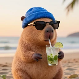 a photorealistic photograph of a knitted cute Capybara wearing sunglasses and dressed in a blue beanie cap. The subject is drinking a refreshing Mojito drink at the beach during sunset. The image is Trending on Artstation, featured on Behance, well-rendered, fine detail, extra crisp image, Unreal Engine, 4K HD
