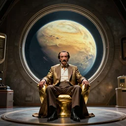 salvador dali as emperor of universe sits on gold futuristic chair in front of huge central porthole in which is visible highly detailed planet arrakis | still frame from the movie by alejandro jodorowsky with cinematogrophy of christopher doyle and art direction by hans giger, anamorphic lens, kodakchrome, 8 k