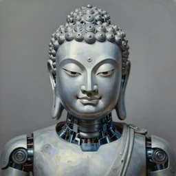 a perfectly centered and symmetrical portrait of a biomechanical robot buddha, intense stare, sarcastic smile, volumetric lighting, volumetric shadows, highly detailed, realistic oil painting by tim hilderbrandt and alex grey,