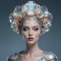 hyperrealistic portrait of unknown extraterrestrial interstellar civilization woman in style of ingo swan, in style of retro sci - fi with holographic hexagonal flowers as crown 8 k