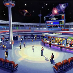 inside the terminal building of a space port, from a space themed Lucasarts point and click graphic adventure game made in 1999