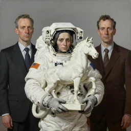 astronaut carries a statue of a horse in his hands, hauntingly surreal, highly detailed painting by francis bacon, edward hopper, adrian ghenie, gerhard richter, and james jean soft light 4 k,
