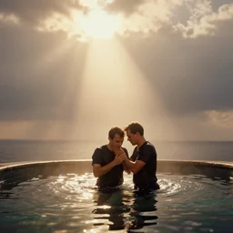 a photo of a man being baptized, dramatic, ektachrome, vintage, wide angle, warm color palette, light mode, 2. 5 - dimensional, 1 6 k, ultra - hd, megapixel, cga, rays of shimmering light, clouds, mist, screen space reflections