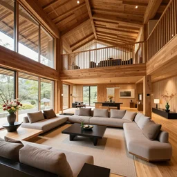 full room view photo of a luxurious wooden cottage, modern furnished japanese living room, japanese flower arrangements, architecture photography by alvar aalto, telephoto lens, canon rf 8 0 0 mm f / 5. 6 l