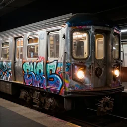 old new york Subway car painted with Graffiti, mord182, dramatic lighting, cinematic, establishing shot, extremly high detail, photo realistic, cinematic lighting, post processed, concept art, artstation, matte painting, style by eddie mendoza, raphael lacoste, alex ross