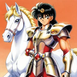 close portrait of Pegasus Seiya wearing armor by Masami Kurumada and Kazushi Hagiwara