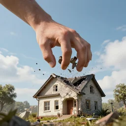giant hand in the sky about to crash a house, hyper realistic, hd,