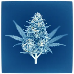 cyanotype print of a singular cannabis bud, camera obscura, delicate, double exposure