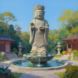 strange weird pagan japanese garden with a gigantic statue fountain of an ancient god, digital art, oil painting, colorful, artstation, australian tonalism by beksinski, minimalist, very clear, no blur