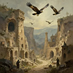 A harpy colony, cave city, a few visible harpies in flight, matte painting, fantasy